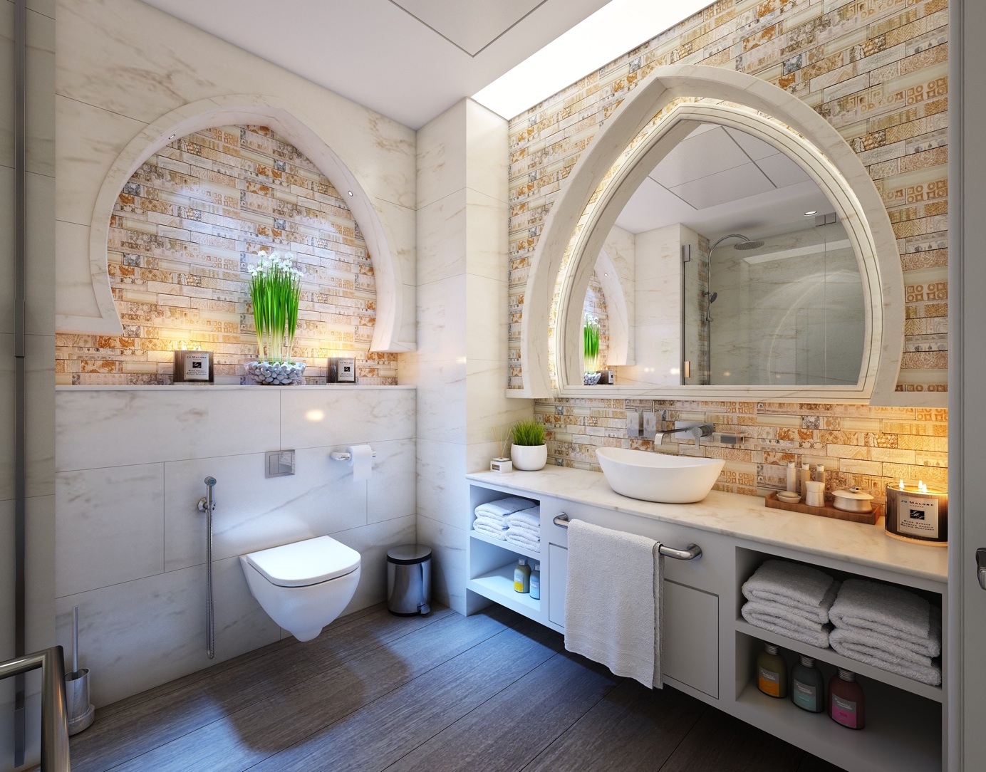 Toilette Wc avec murs en marbre et brique